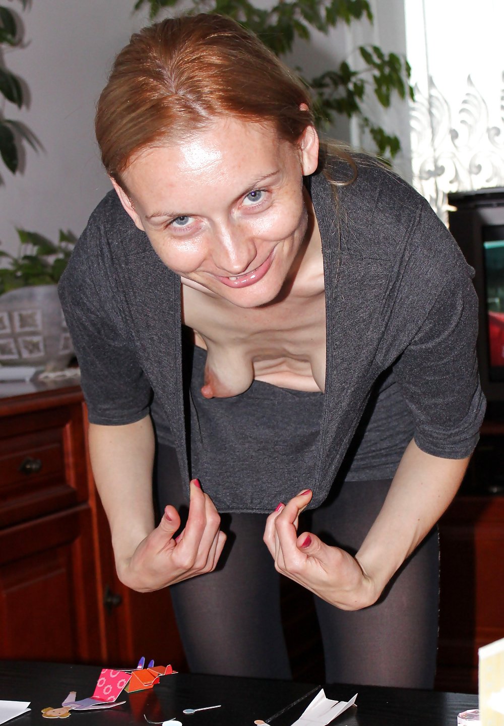Milf with small sagging breasts